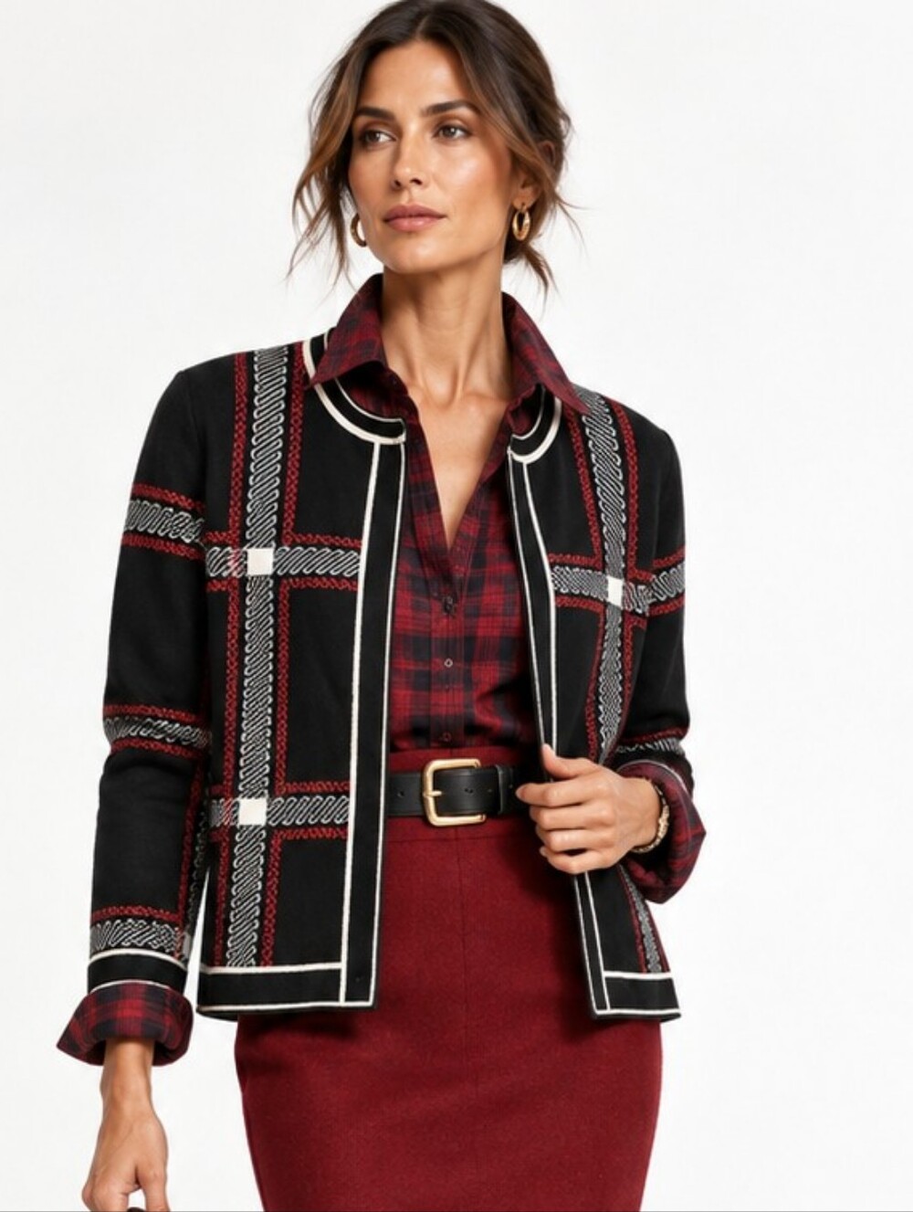 Alison Sheri Black Red Plaid Knit Cardigan Sweater